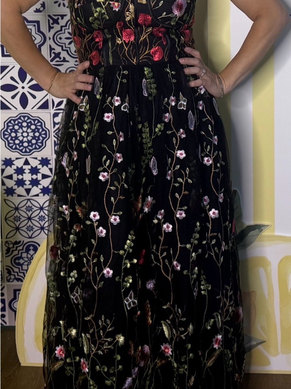 SHEIN Black Strapless Maxi Dress with Multicolor Floral Embroidery